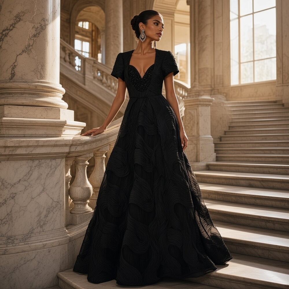 G-51 Dress the Population Black Textured Gown Large NWT